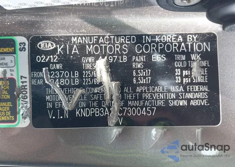 2012 Kia Sportage Lx from USA, damaged, VIN KNDPB3A21C7300457